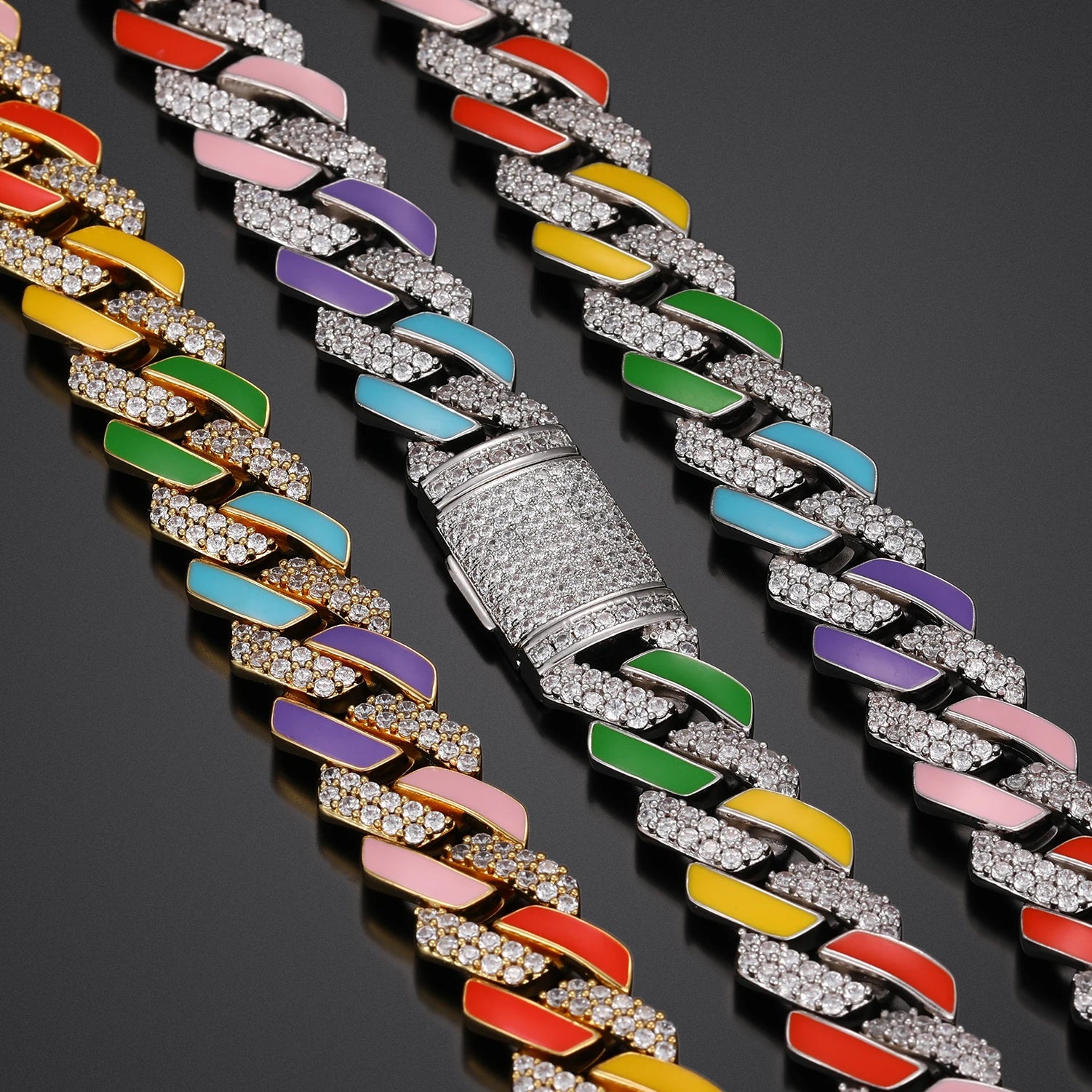 14mm Multi-Colored VVS Moissanite & S925 Cuban Prong Link Chain