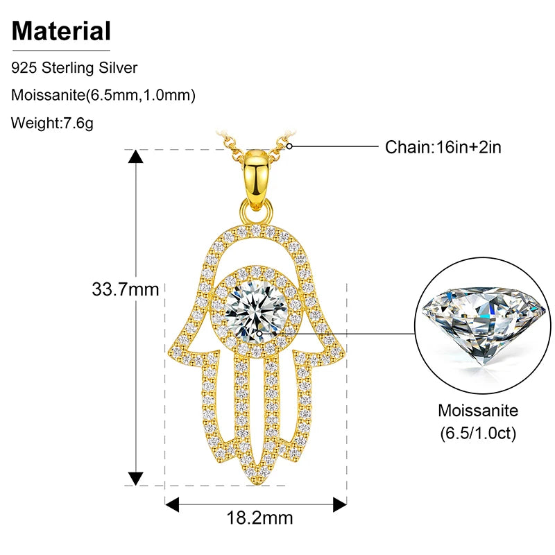 S925 Moissanite Hamsa Hand Diamond Pendant (No chain included)