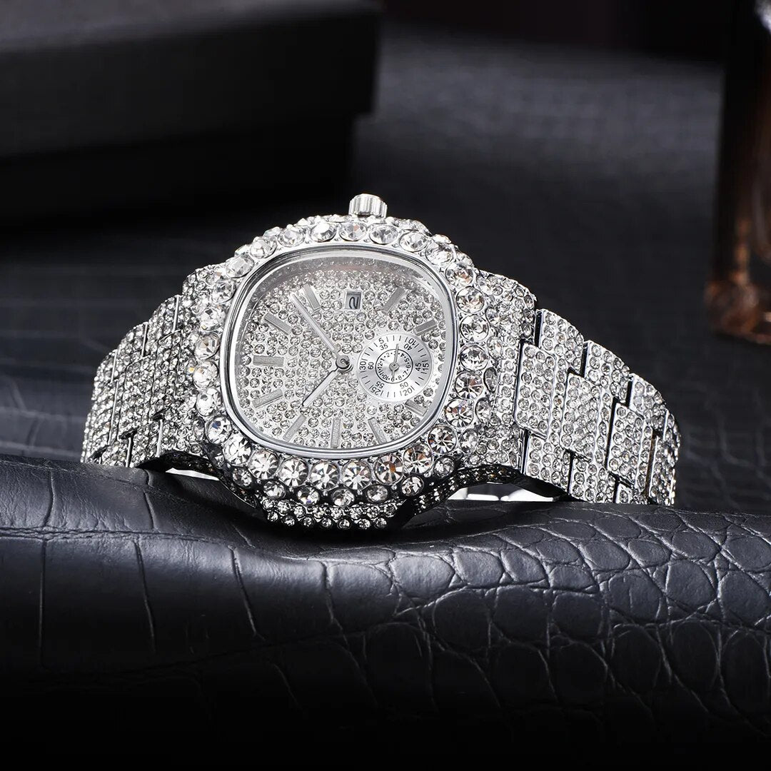 Iced Fully-Diamond Horizontally Embossed Dial 18K Gold Watch