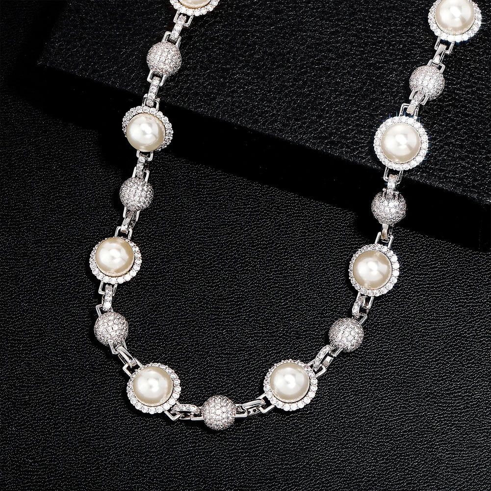 White Gold Iced Halo-Pearl Diamond Necklace - Icedgame & Co