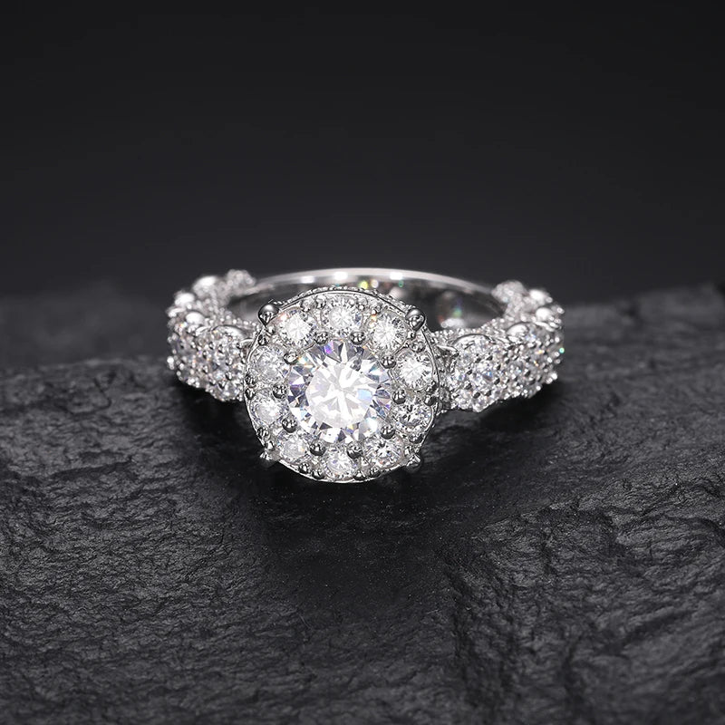 S925 Moissanite Round Cut Halo Clustered Diamond Ring - Icedgame & Co