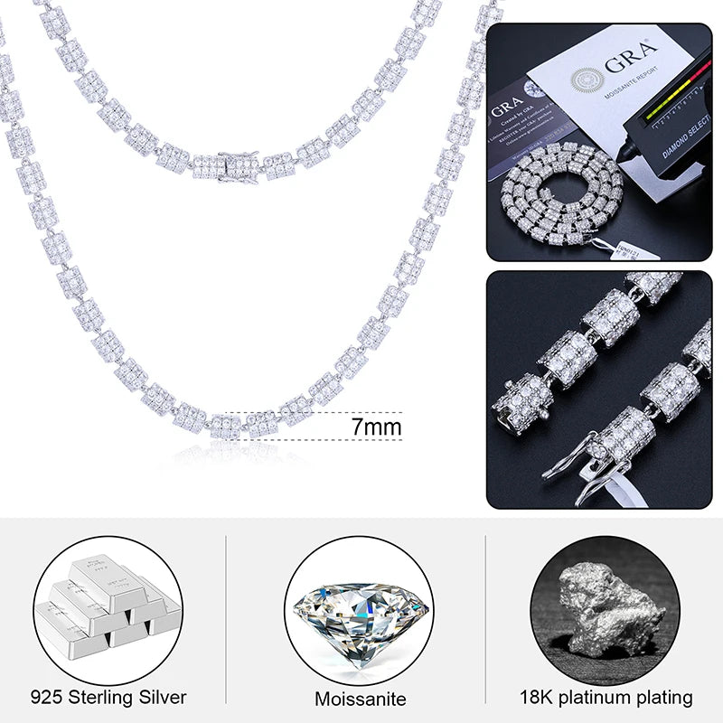 S925 White Gold Moissanite Cylindrical Iced-Out Diamond Necklace Chain - 7mm