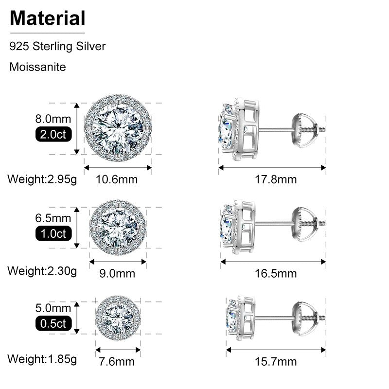 925 Sterling Silver Real 0.5-2CT Moissanite Round Diamond Stud Earrings