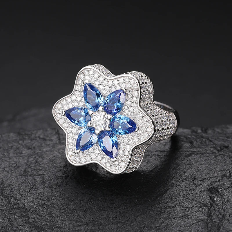 Midnight Blue Gemstone Pear Cut Flower Pave Diamond Ring