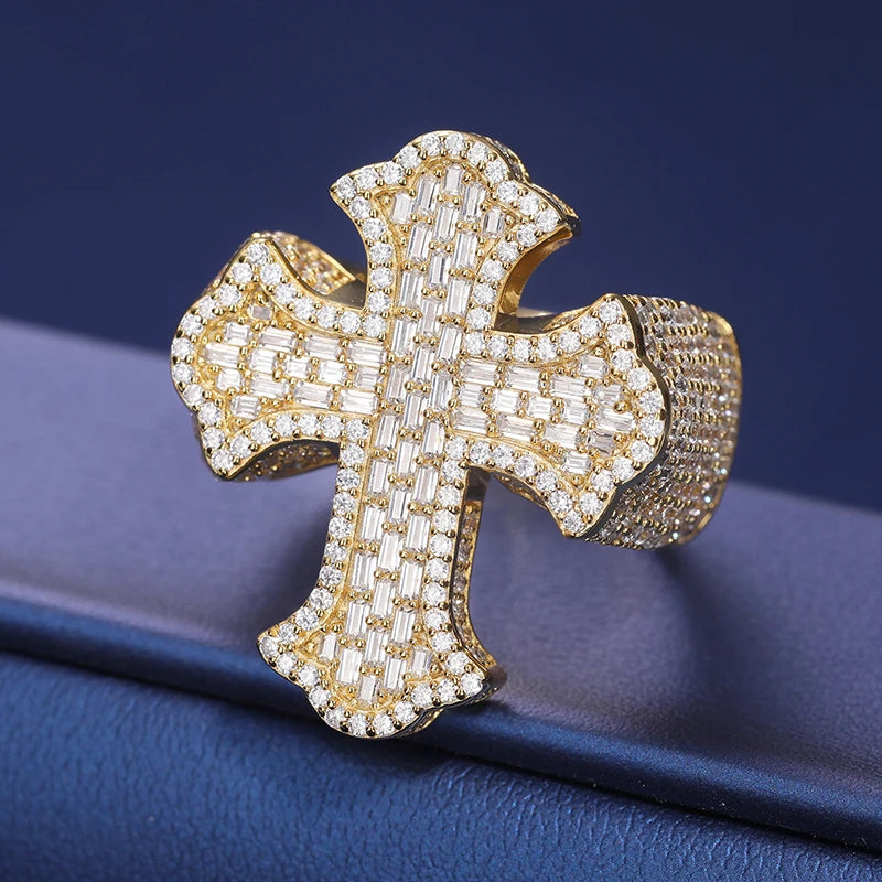 S925 Moissanite Baguette Diamond Gothic Cross Ring - Icedgame & Co