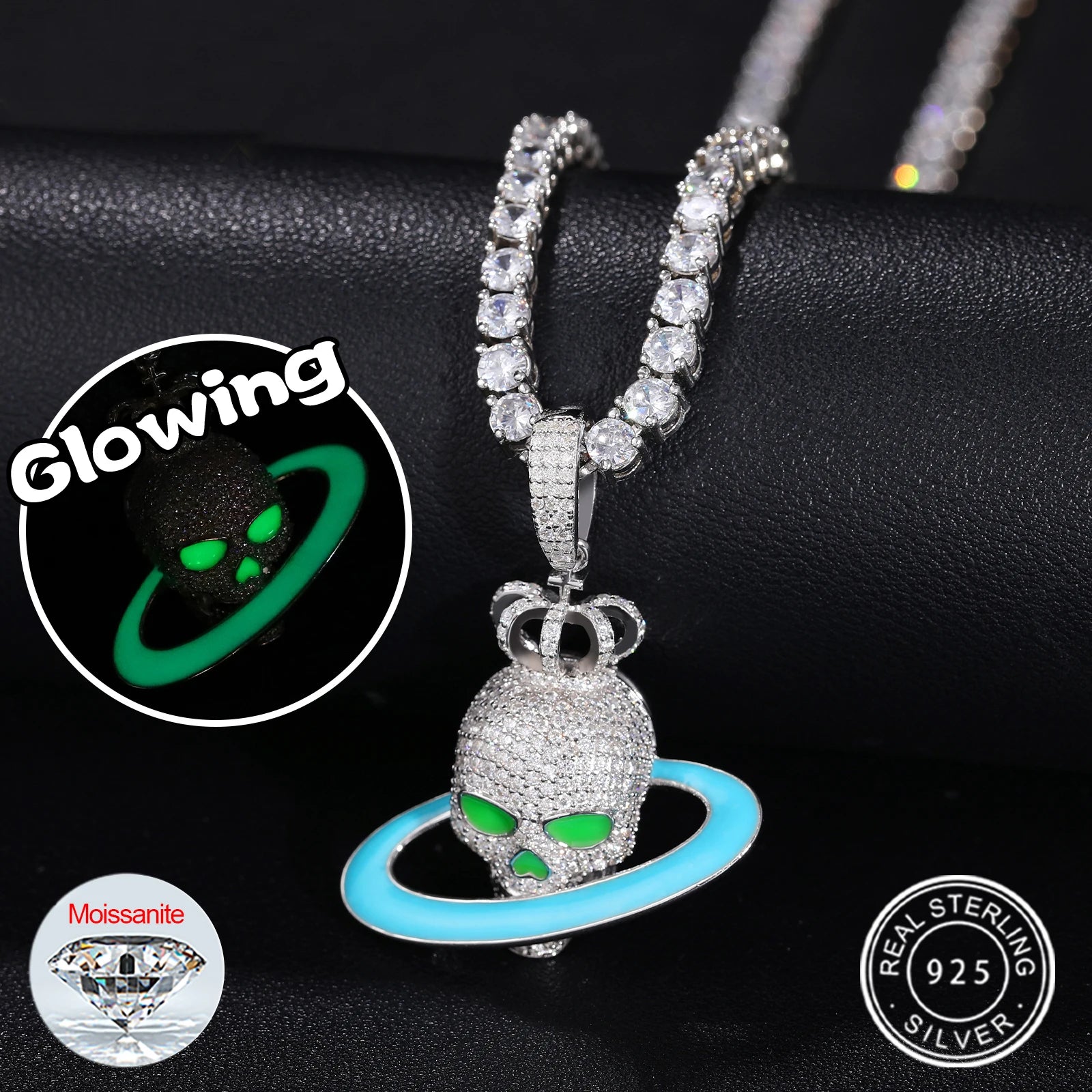 S925 Moissanite Luminous Saturn Skull Pendant - Icedgame & Co