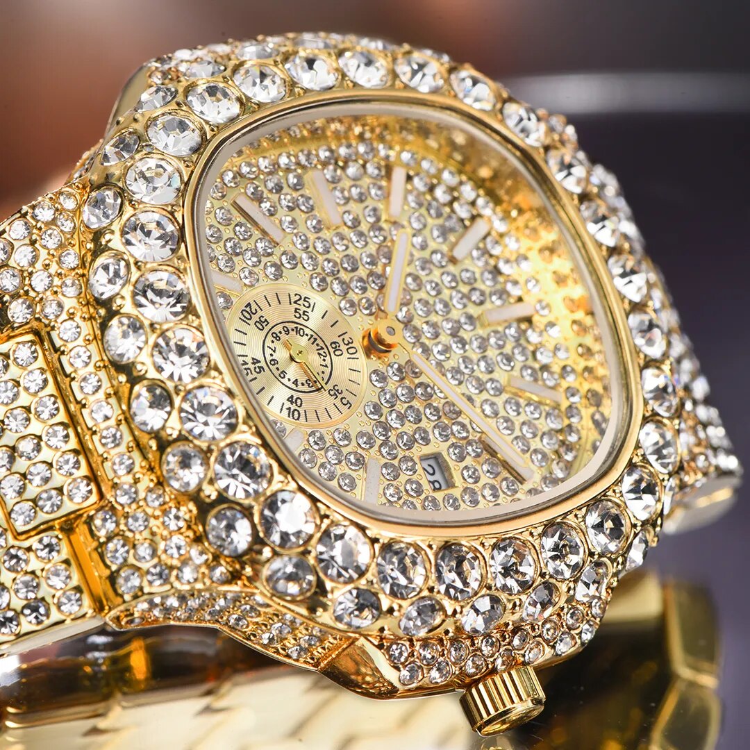 Iced Fully-Diamond Horizontally Embossed Dial 18K Gold Watch