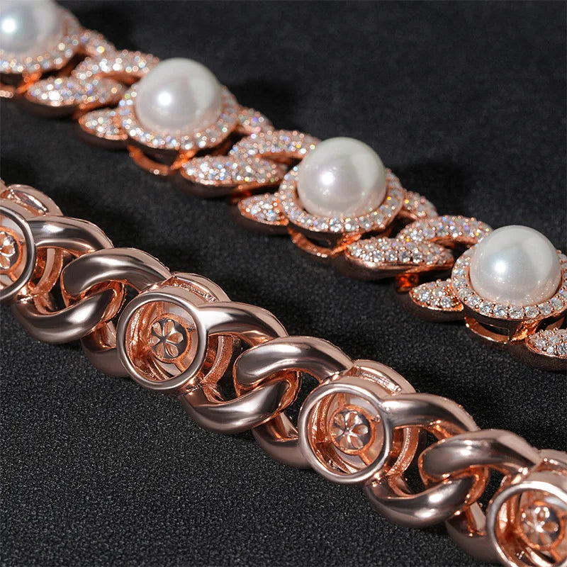 S925 Rose Gold Moissanite Iced Pearl Cuban Chain - 15mm