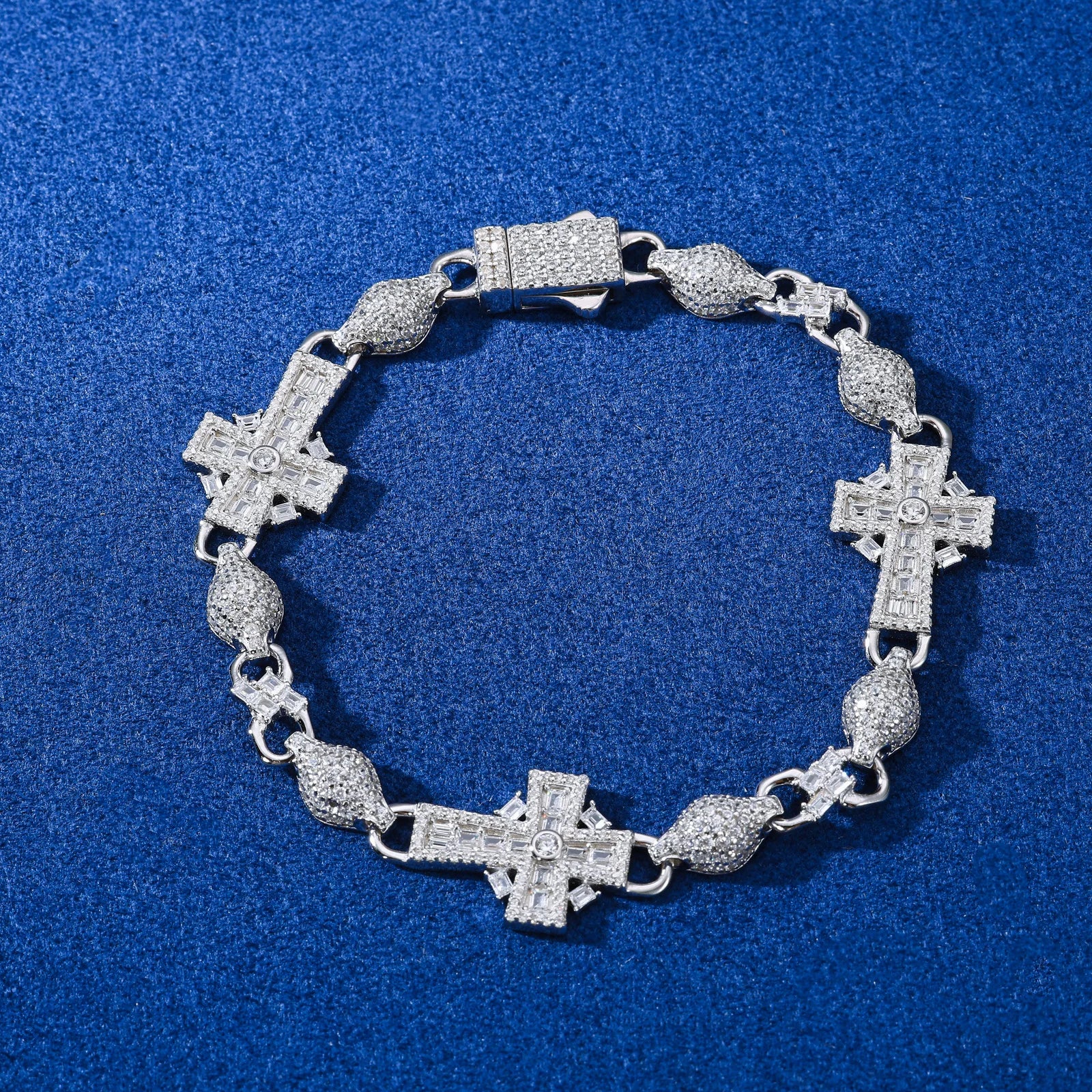 S925 Moissanite Diamond Iced Royal Cross Link Bracelet - 14mm