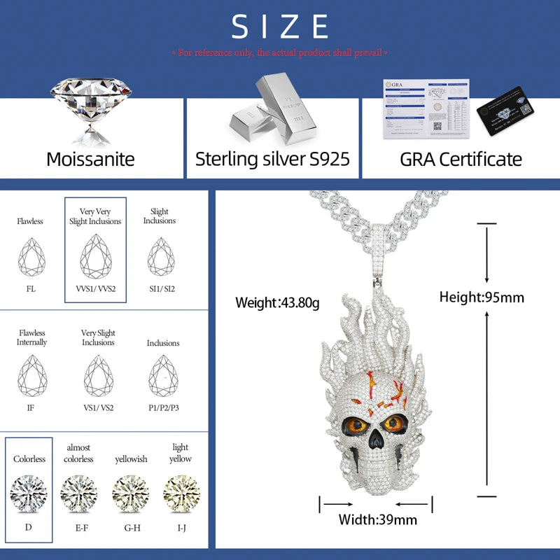 S925 Moissanite Fire Skull Diamond Pendant