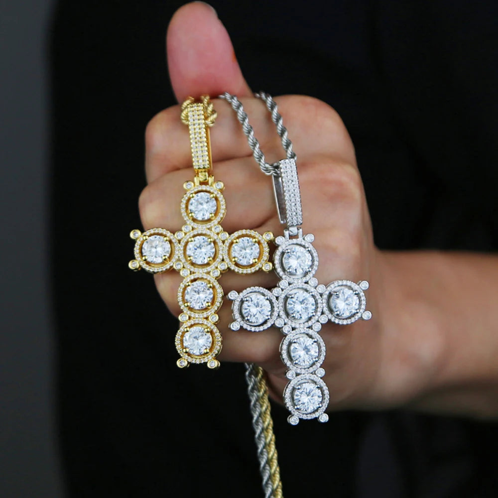 Iced Hollow Tennis Cross Pendant - Gold/White Gold