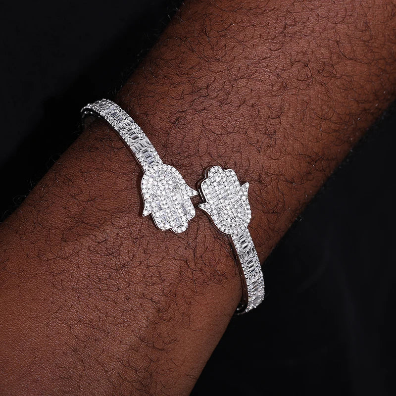 S925 Moissanite Baguette Hamsa Bangle - Icedgame & Co