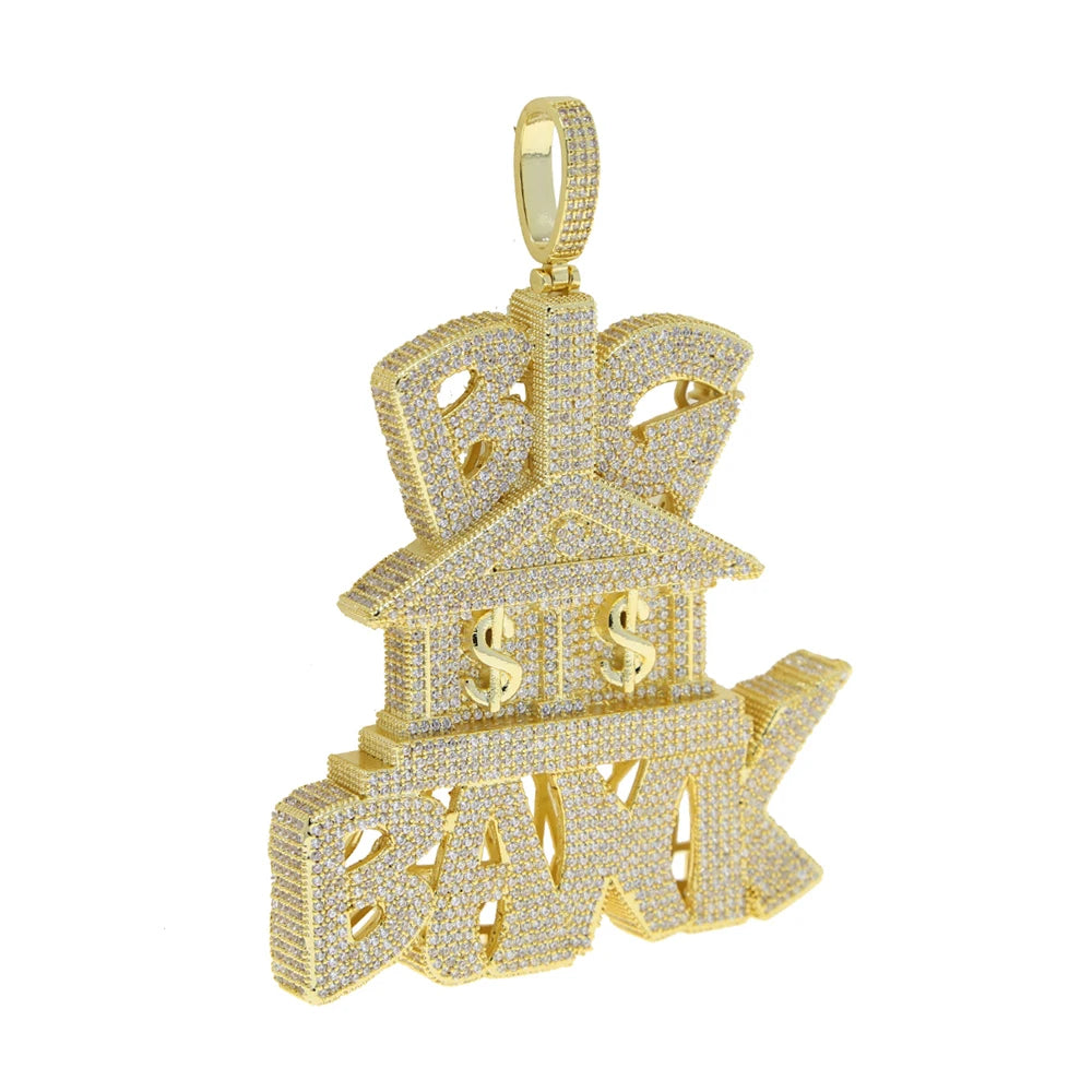 BIG BANK WITH DOLLAR SIGNS ICED OUT LETTER DIAMOND PENDANT NECKLACE