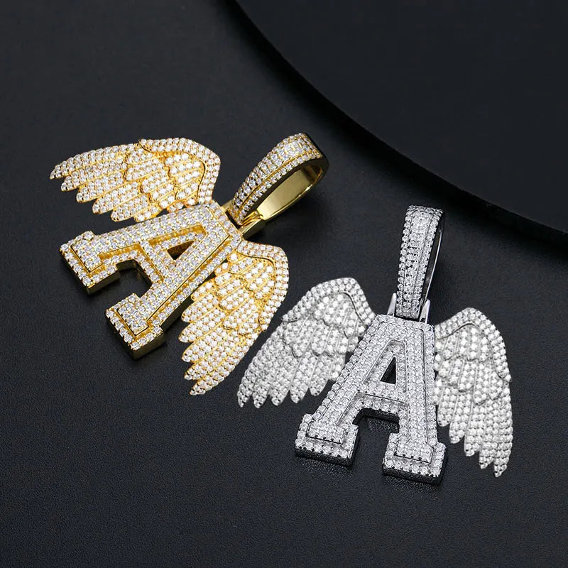 S925 Moissanite Angel Wings A-Z Letter Diamond Pendant