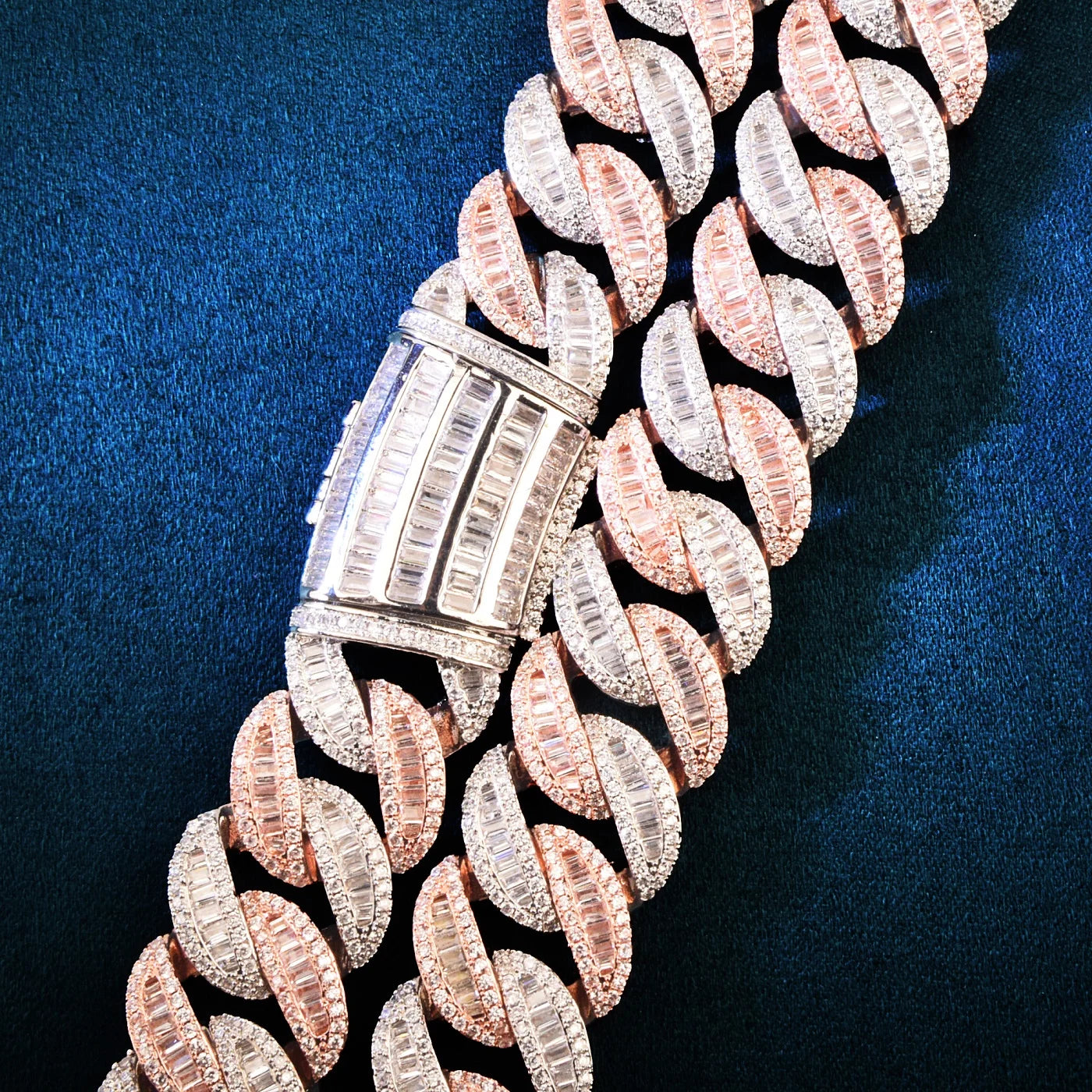 Two Tone Baguette Curve Cuban Link Chain Necklace - 19mm