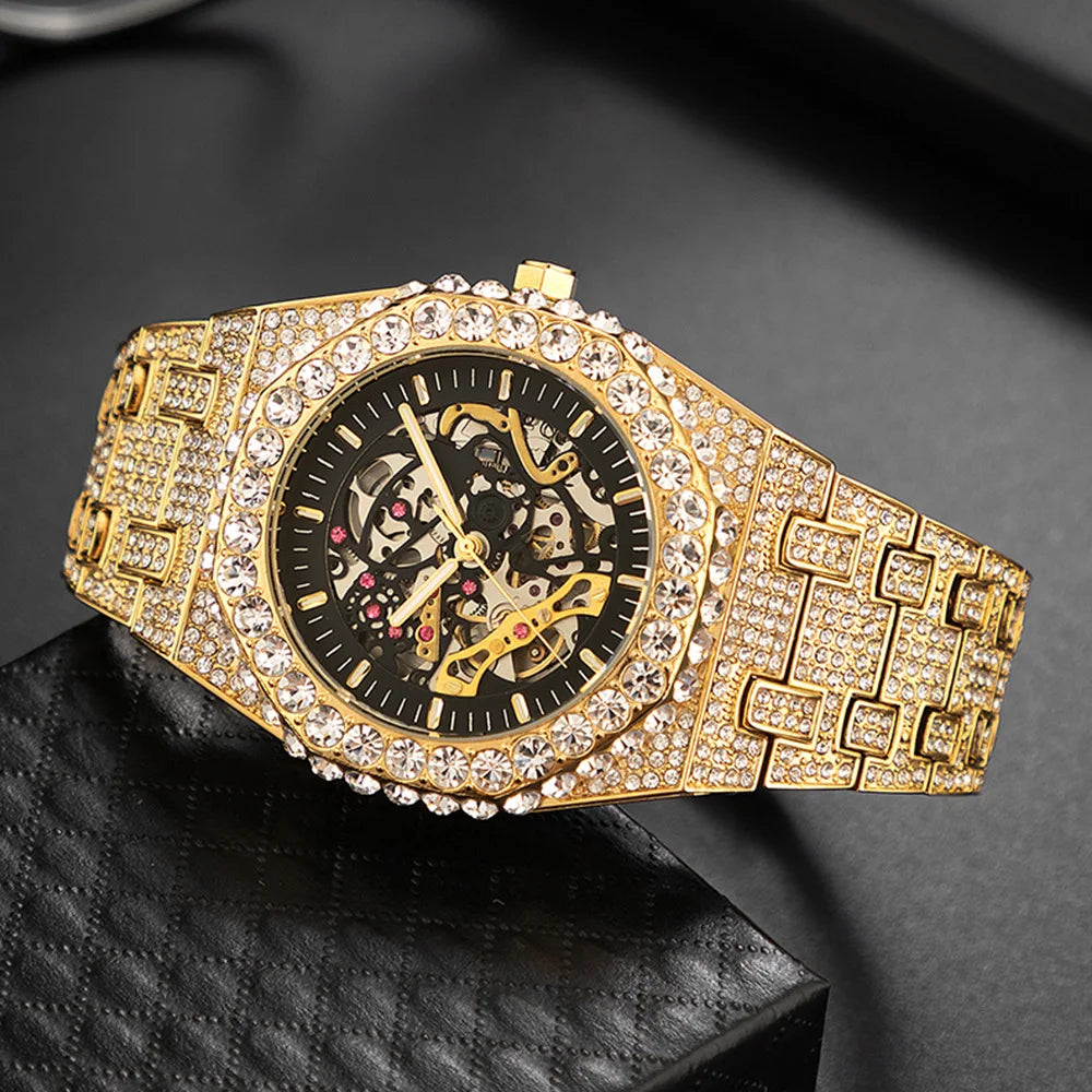 FULLY ICED OUT SKELETON DIAMOND BEZEL STAINLESS STEEL WATCH - GOLD/WHITE GOLD