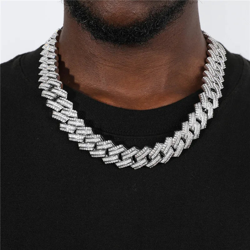 Diamond Prong Baguette Curved Cuban Link Chain Necklace/Bracelet - 19mm