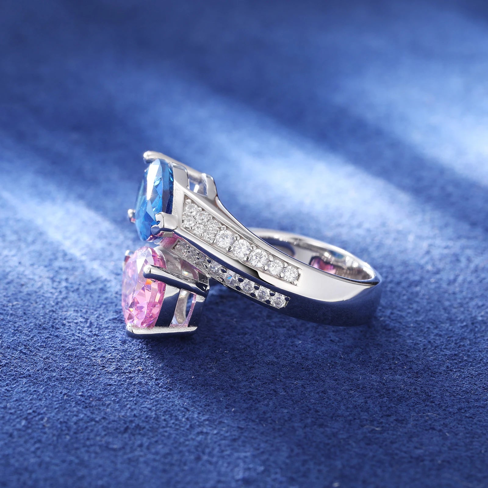 S925 Moissanite Pink & Blue Gem Ring
