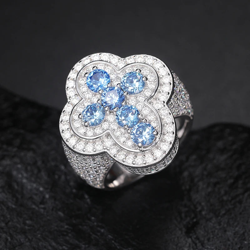 S925 ROUND CUT BLUE TENNIS CROSS GEMSTONE MOISSANITE DIAMOND RING