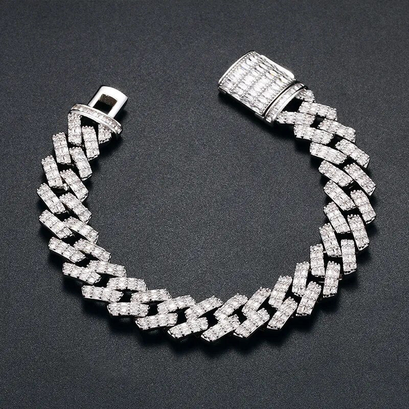 Moissanite Baguette Diamond Prong Cuban Link Bracelet- 14MM