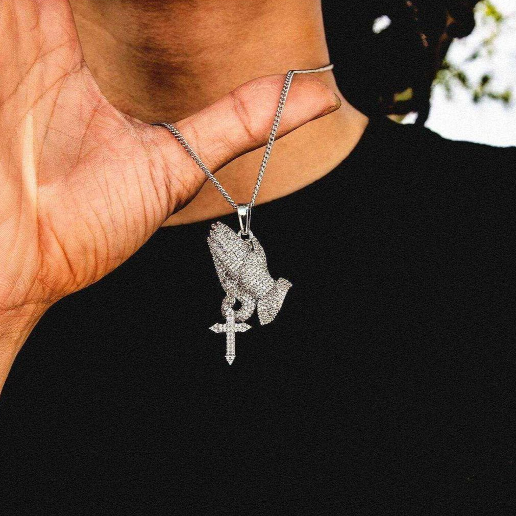 Iced Praying Hands Pendant