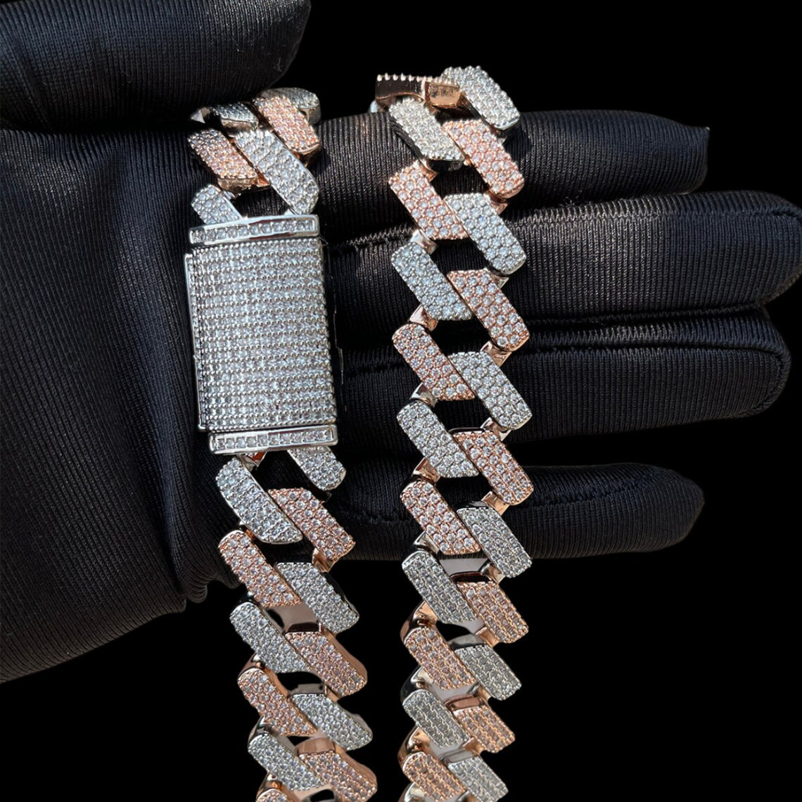 20MM PREMIUM RHOMBUS DIAMOND STRAIGHT EDGE CUBAN LINK CHAIN NECKLACE - TWO TONE