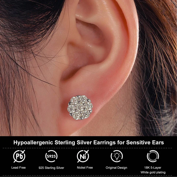 S925 Moissanite Cluster Flower Stud Earrings