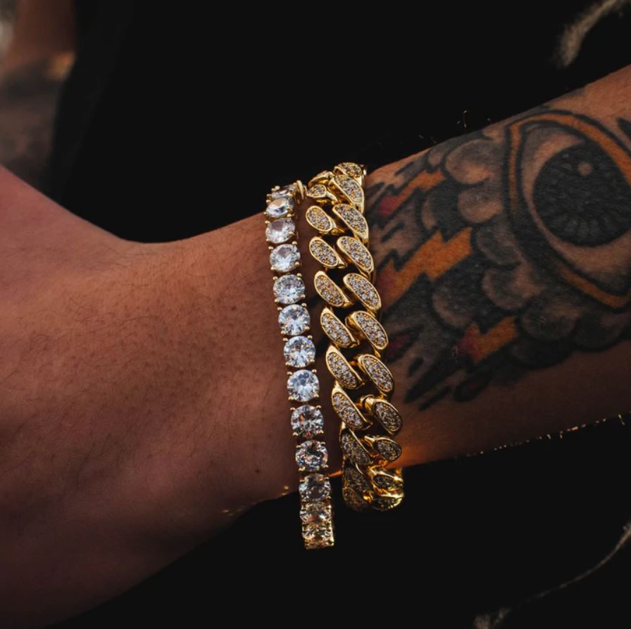 (12mm) Diamond Cuban Link Bracelet in Gold/White Gold