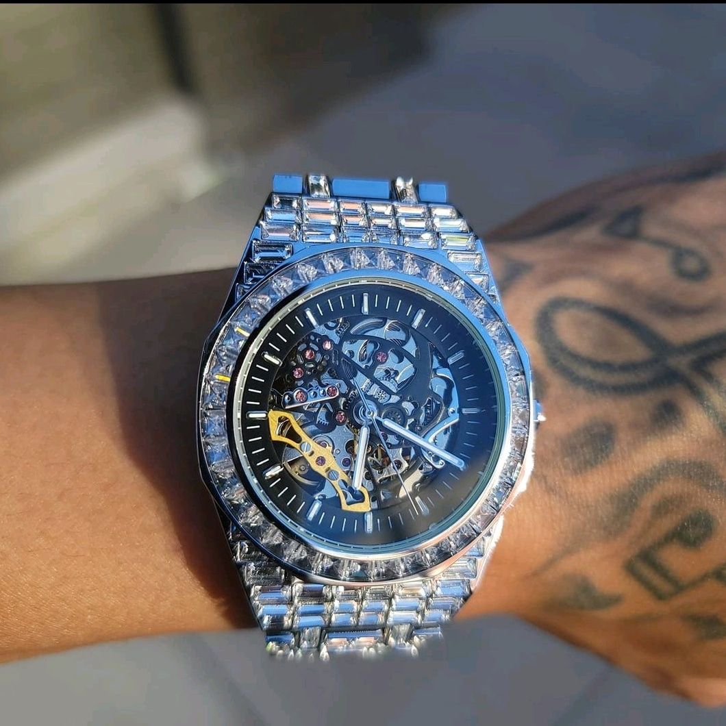 Iced Out Baguette Skeleton Watch