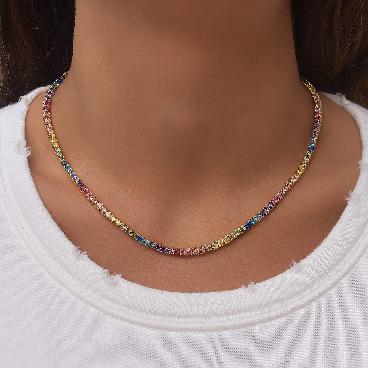 (3mm) Spectrum Rainbow Tennis Chain - Gold/White Gold