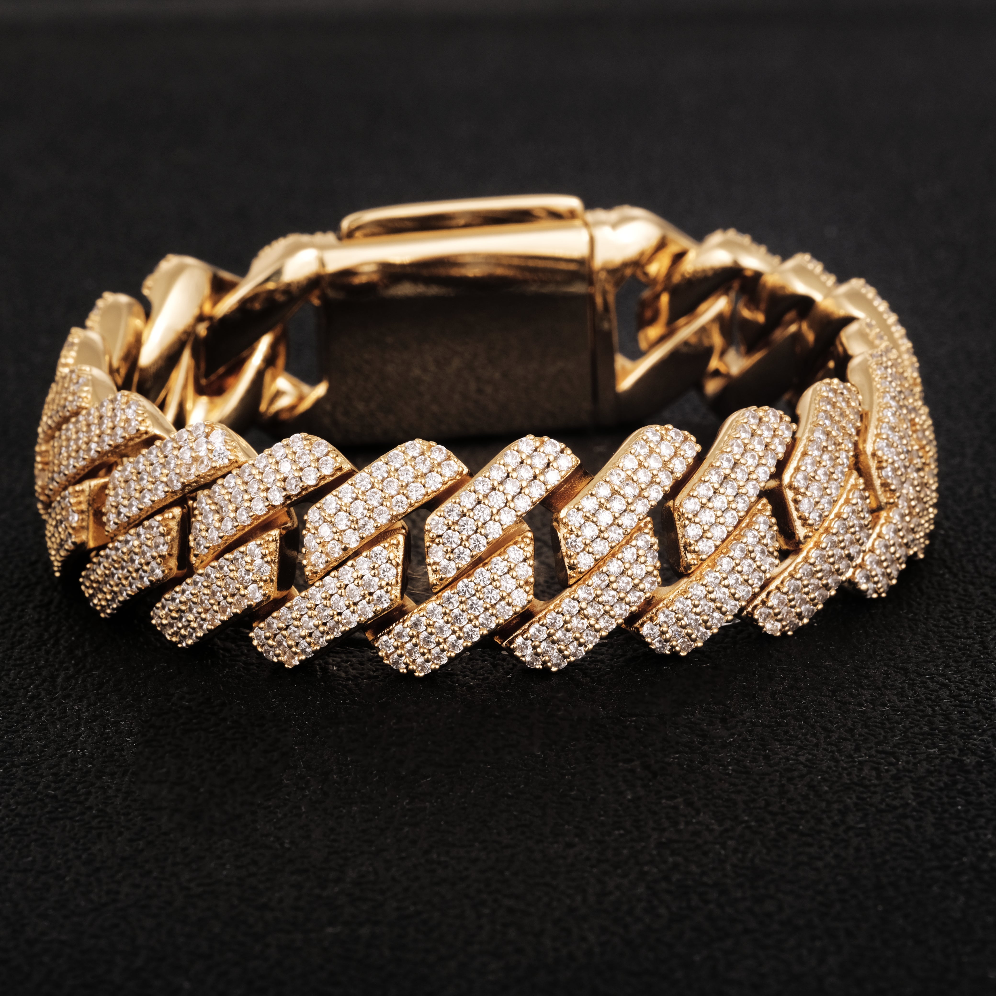 (19MM) 3 ROWS DIAMOND PRONG LINK CUBAN BRACELET IN WHITE GOLD/GOLD