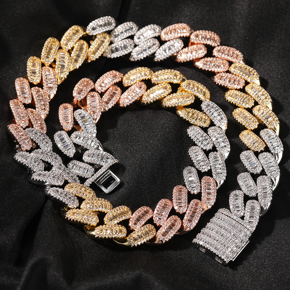 15MM Triple Color Baguette Cuban Chain Necklace