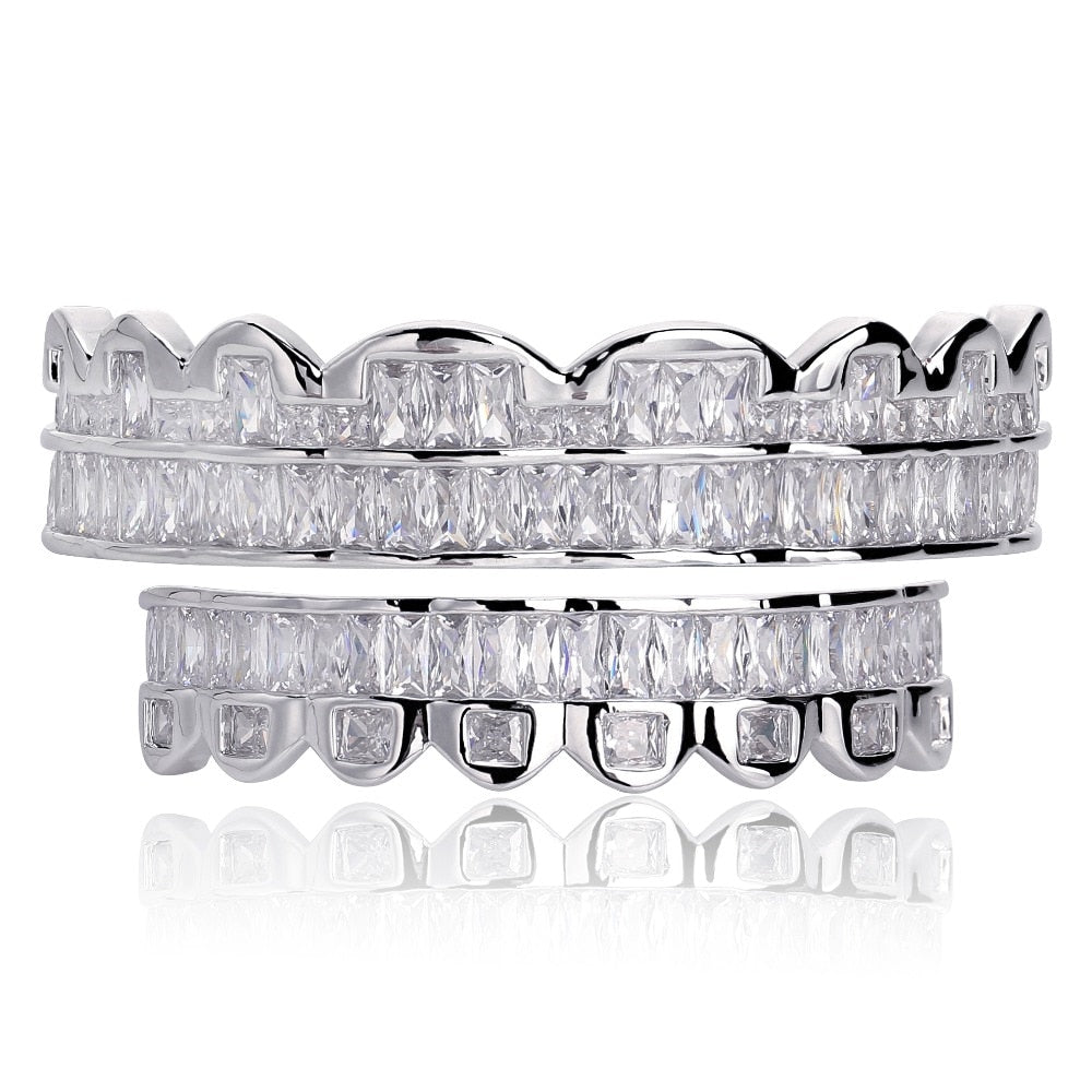 8 Teeth Iced Luxury Baguette Grillz in White Gold