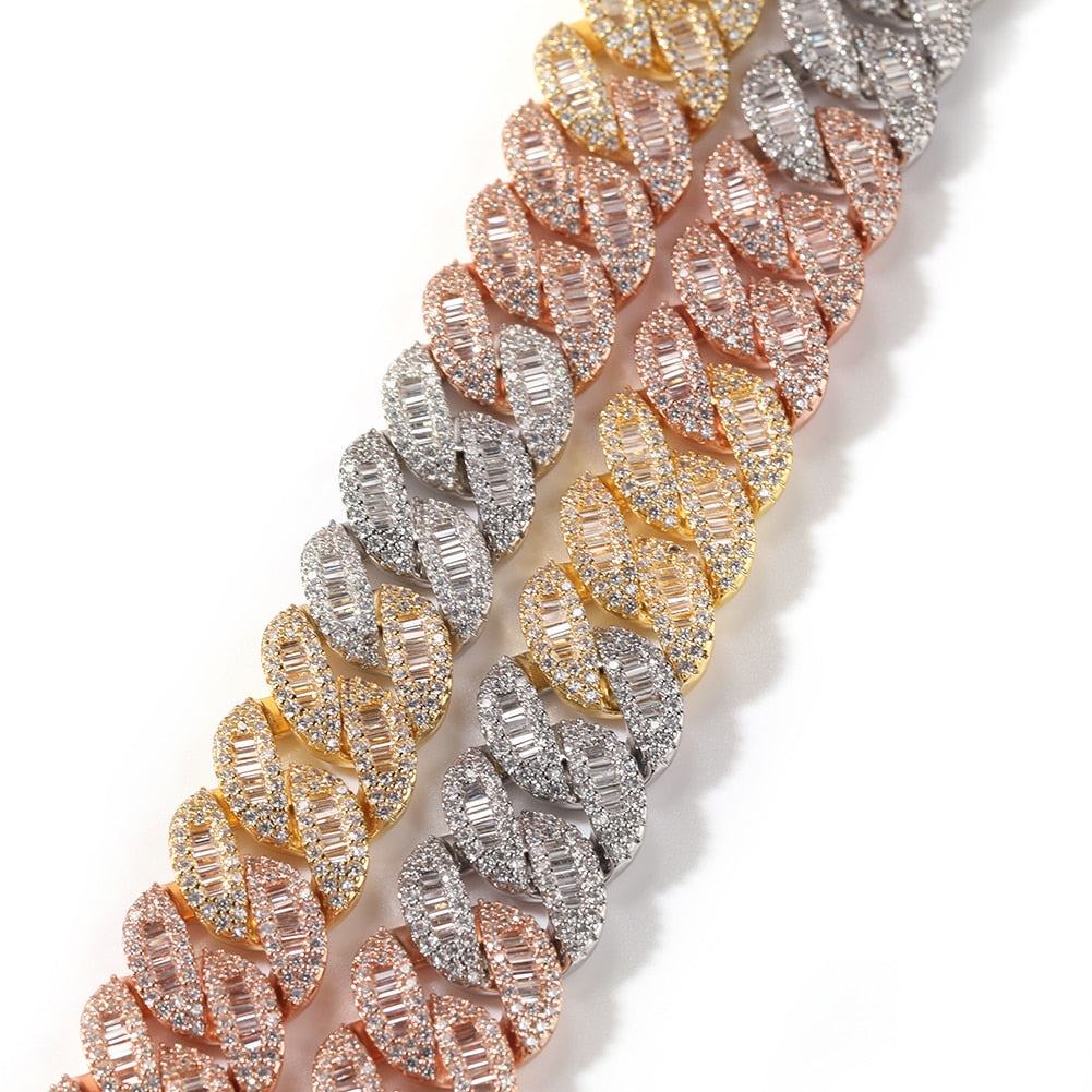 15MM Triple Color Baguette Cuban Chain Necklace