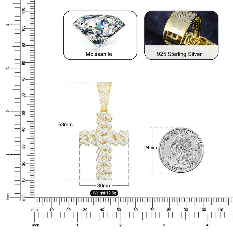 VVS Moissanite Prong Cuban Coss Pendant - 925 Sterling Silver in Gold/White Gold