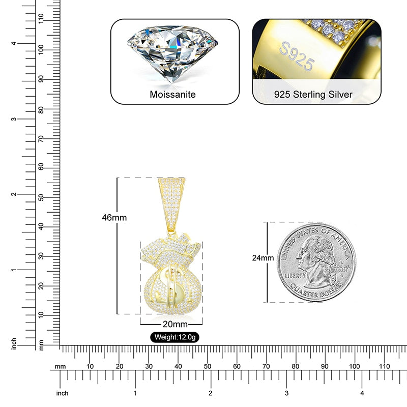 VVS Moissanite Lucky Money Bag Pendant - 925 Sterling Silver