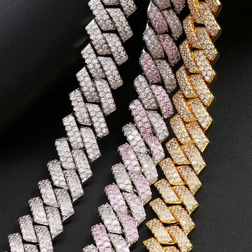 14mm 2 Rows Diamond Prong Cuban Link Chain Necklace in Gold/White Gold/Rose Gold