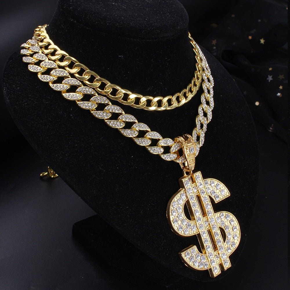 HIP HOP ICED OUT BIG DOLLAR CUBAN CHOKER SET