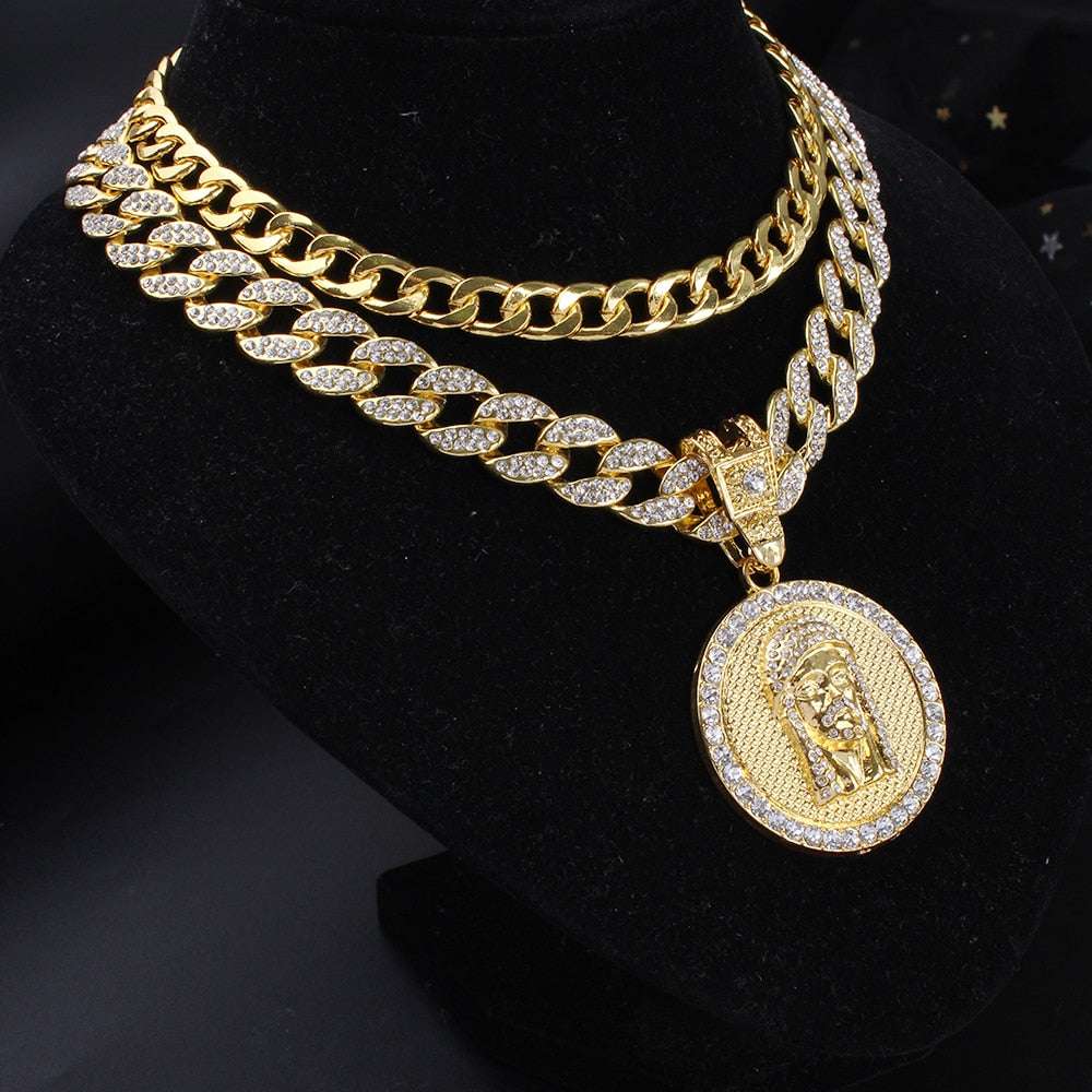 Fully Iced Out Miami Curb Cuban Chain Combo Set and Jesus Pendant