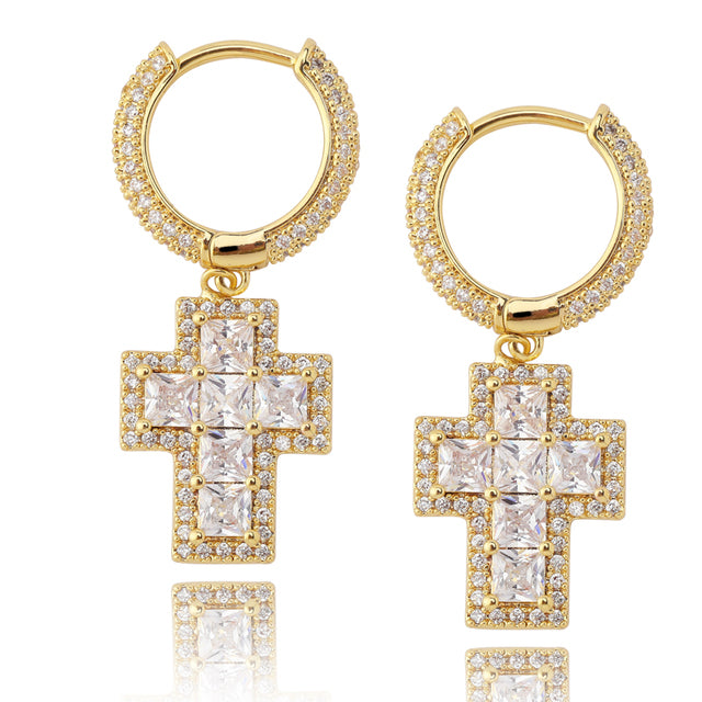 Iced Out Clustered Baguette CZ Cross Earrings - Gold/White Gold