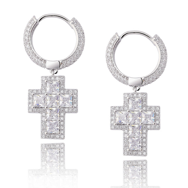Iced Out Clustered Baguette CZ Cross Earrings - Gold/White Gold