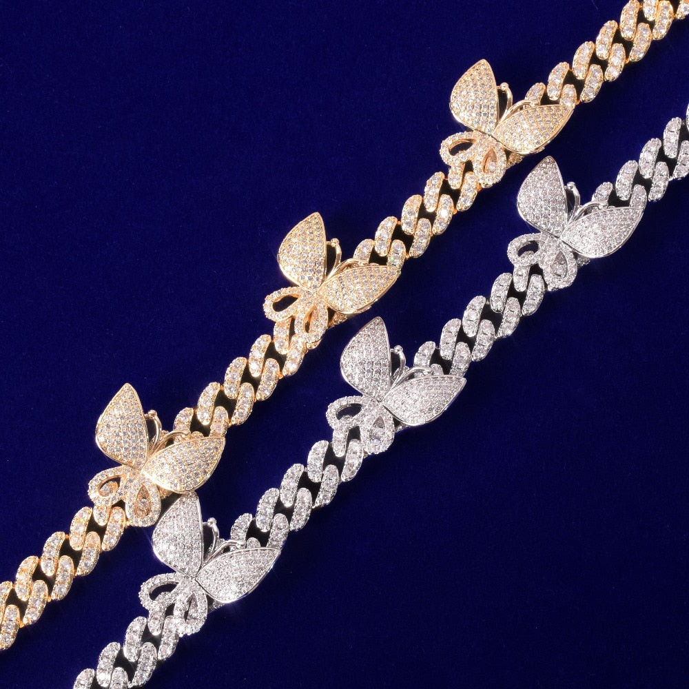 10mm Butterfly Baguette Cuban Link Bracelet in White Gold/Gold/Rose Gold