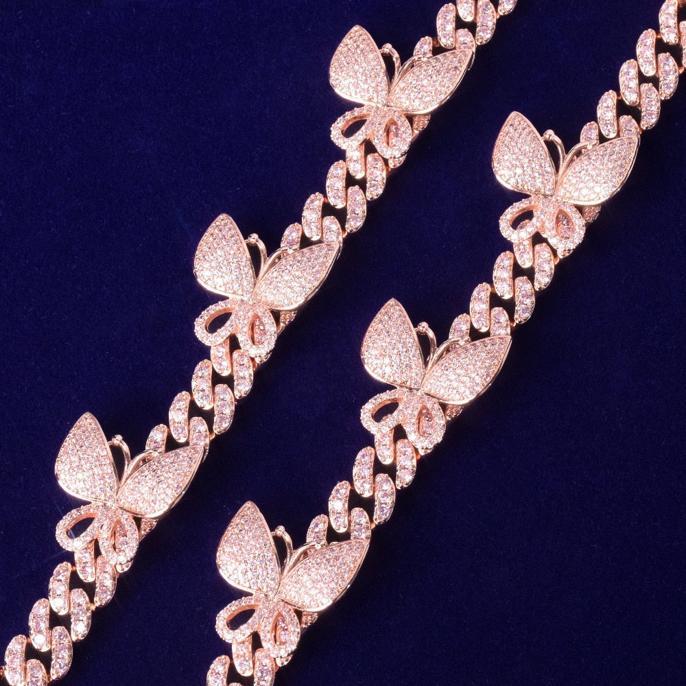 10mm Butterfly Baguette Cuban Link Bracelet in White Gold/Gold/Rose Gold