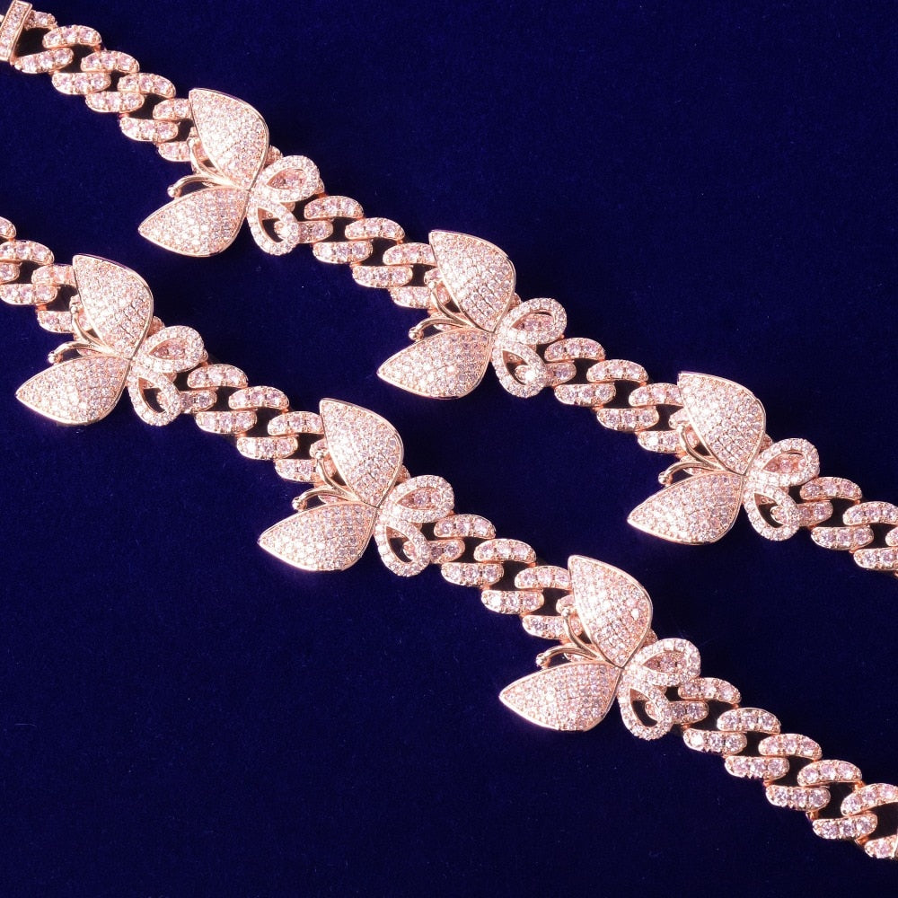 10mm Butterfly Baguette Cuban Link Bracelet in White Gold/Gold/Rose Gold