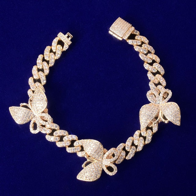 10mm Butterfly Baguette Cuban Link Bracelet in White Gold/Gold/Rose Gold