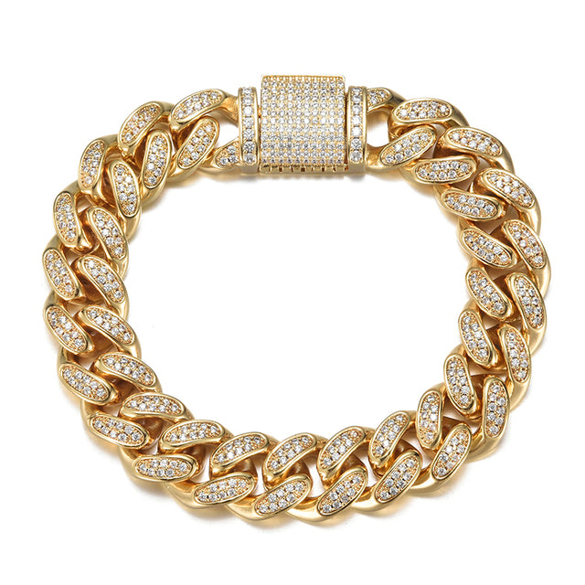 (12mm) Diamond Cuban Link Bracelet in Gold/White Gold