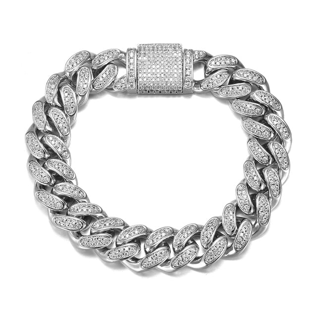 (12mm) Diamond Cuban Link Bracelet in Gold/White Gold