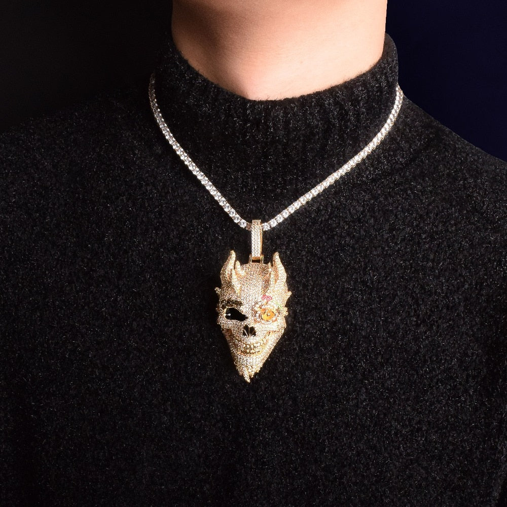 ICED OUT SKULL PENDANT w/Chain - GOLD/White Gold