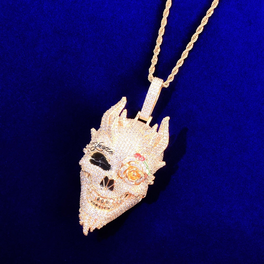 ICED OUT SKULL PENDANT w/Chain - GOLD/White Gold