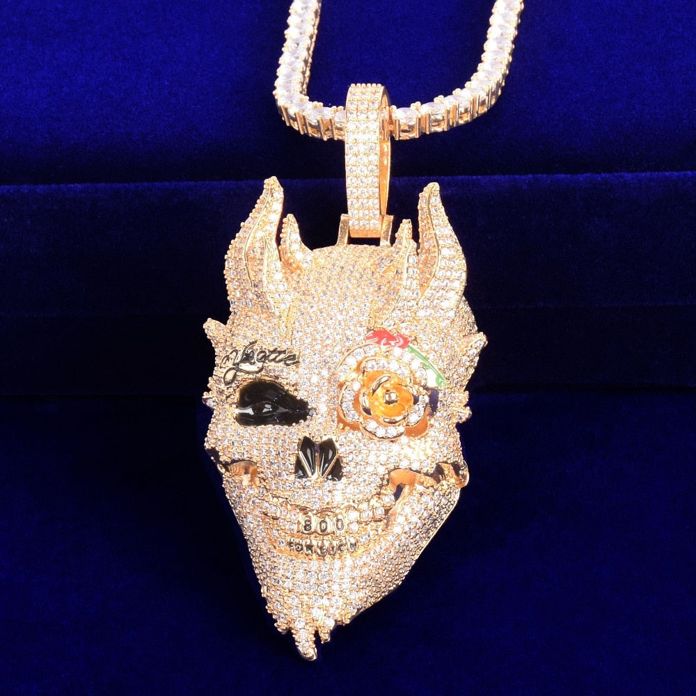 ICED OUT SKULL PENDANT w/Chain - GOLD/White Gold